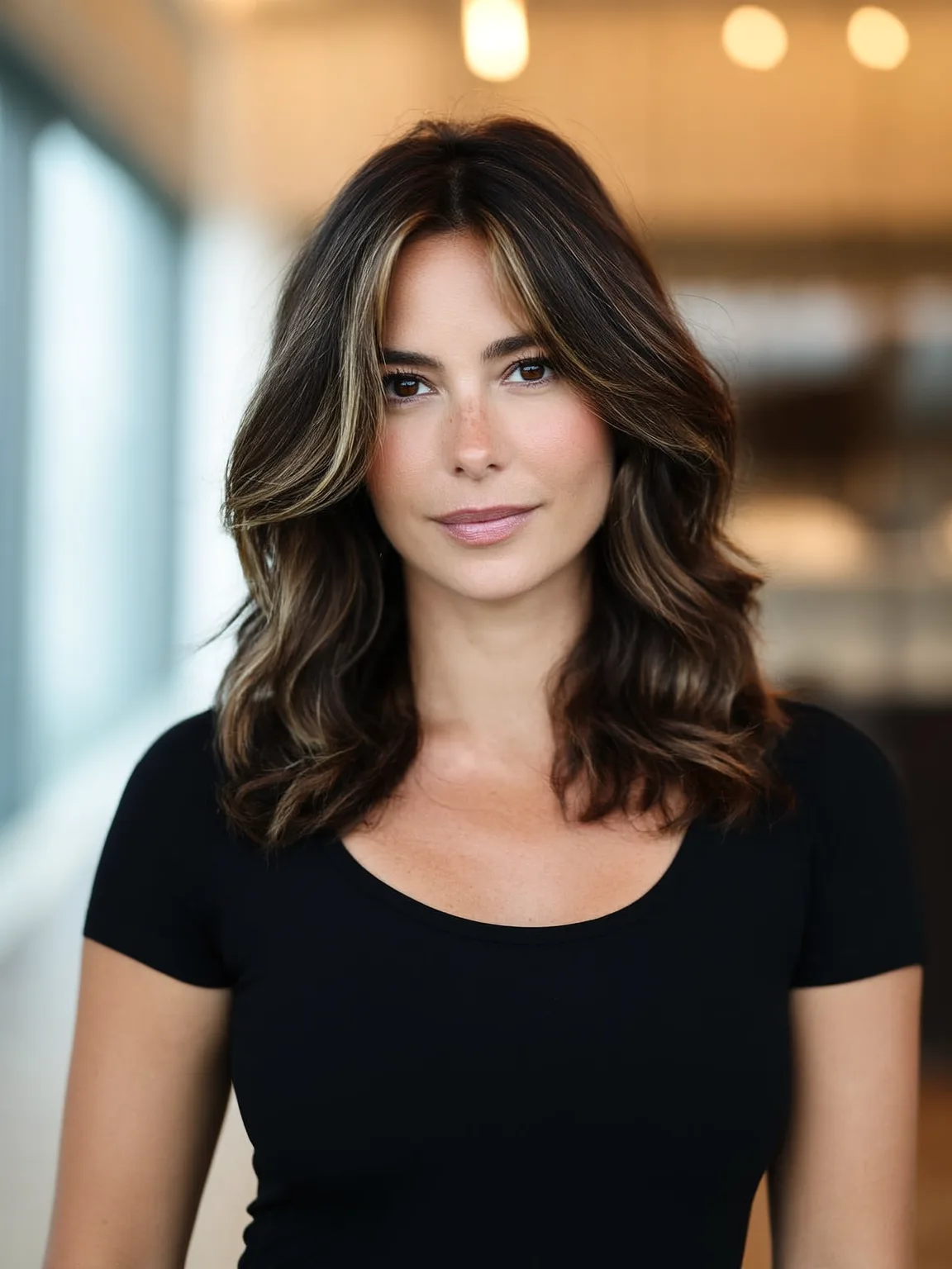 Medium-Length Layered Lob with Caramel Brown and Blonde Highlights